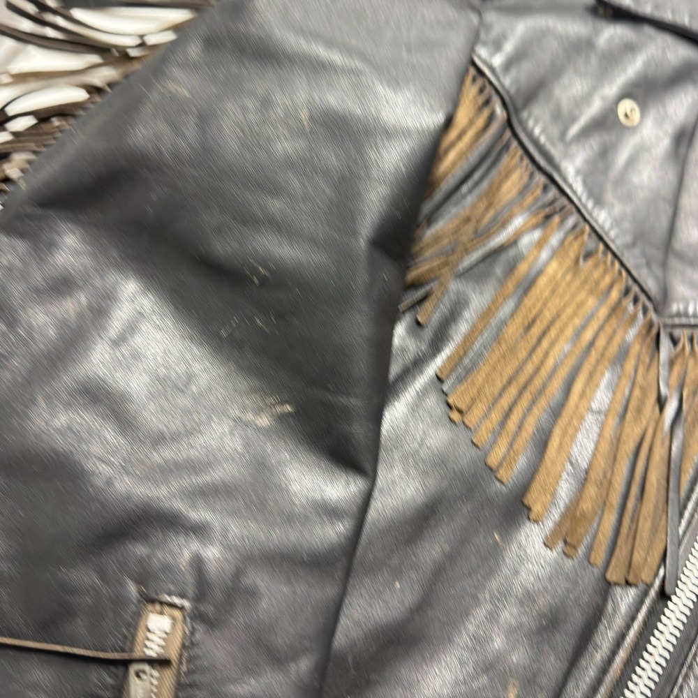 Leather Fringe Jacket Womens L Black Good Vintage Biker Western Moto - Picture 3 of 9